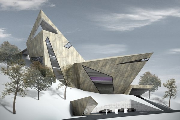 Harmoniously integrated in the urban area of the city, building still stands with a distinct character of its own. Focal point of the design was to make the space easy to navigate and enriched with a daylight. Overall aesthetics was hugely influenced by Daniel Libeskind's Royal Ontario Museum architecture.
Two massive divisions of the art academy have three entrances on 3 different levels. The ground floor entrance and the garage lead to the waiting hall, which is bridging auditoriums and a concert hall.
Exoskeleton is slit by large asymmetrical windows, through which a natural light diligently pours into both buildings.
Concert hall resides above the parking space in the western wing and its interior is arranged in a way that an audience faces the window.
Upper level entrance is split in two directions: the right one guides the visitor to the viewpoint and the left one - to the cafe and the lounge area, below which, auditoriums are located.
Photo 3 of Art Academy modern home