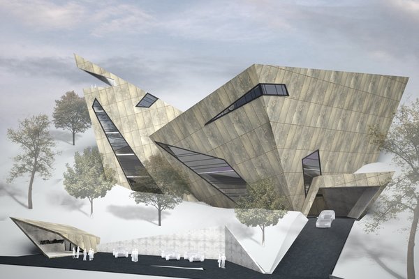 Harmoniously integrated in the urban area of the city, building still stands with a distinct character of its own. Focal point of the design was to make the space easy to navigate and enriched with a daylight. Overall aesthetics was hugely influenced by Daniel Libeskind's Royal Ontario Museum architecture.
Two massive divisions of the art academy have three entrances on 3 different levels. The ground floor entrance and the garage lead to the waiting hall, which is bridging auditoriums and a concert hall.
Exoskeleton is slit by large asymmetrical windows, through which a natural light diligently pours into both buildings.
Concert hall resides above the parking space in the western wing and its interior is arranged in a way that an audience faces the window.
Upper level entrance is split in two directions: the right one guides the visitor to the viewpoint and the left one - to the cafe and the lounge area, below which, auditoriums are located.
Photo of Art Academy modern home