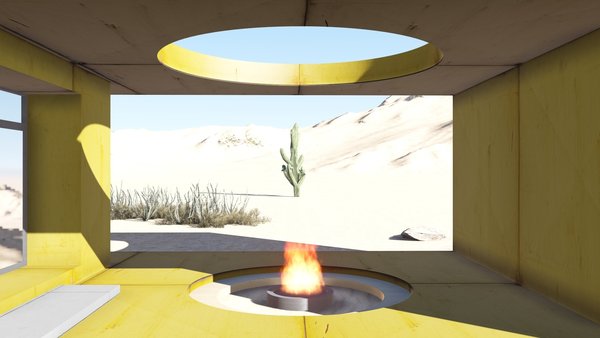 The desert loft resident is involved in off-road activities and required a place, which would sustain its appearance through sandstorms and extensive heat. The massive metal structure elegantly sits in the harsh environment.
The entrance door, secluded behind the thick metal screen, leads to the largest area of the house, unifying the kitchen, the dining room and the living room. The hall connects to three bedrooms and the bathroom.
The dining room exits to the terrace with the fireplace, carved in the floor. the ceiling is hollowed out right above it, following the lines of the round cut out in the floor. The gap's presence is almost poetic, as if it's the only passage transferring the smoke to the sky.
Photo of Warmhole modern home