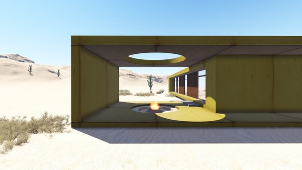 The desert loft resident is involved in off-road activities and required a place, which would sustain its appearance through sandstorms and extensive heat. The massive metal structure elegantly sits in the harsh environment.
The entrance door, secluded behind the thick metal screen, leads to the largest area of the house, unifying the kitchen, the dining room and the living room. The hall connects to three bedrooms and the bathroom.
The dining room exits to the terrace with the fireplace, carved in the floor. the ceiling is hollowed out right above it, following the lines of the round cut out in the floor. The gap's presence is almost poetic, as if it's the only passage transferring the smoke to the sky.
Photo 5 of Warmhole modern home