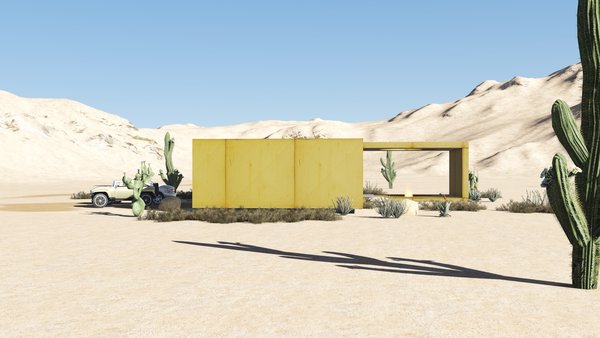 The desert loft resident is involved in off-road activities and required a place, which would sustain its appearance through sandstorms and extensive heat. The massive metal structure elegantly sits in the harsh environment.
The entrance door, secluded behind the thick metal screen, leads to the largest area of the house, unifying the kitchen, the dining room and the living room. The hall connects to three bedrooms and the bathroom.
The dining room exits to the terrace with the fireplace, carved in the floor. the ceiling is hollowed out right above it, following the lines of the round cut out in the floor. The gap's presence is almost poetic, as if it's the only passage transferring the smoke to the sky.
Photo 4 of Warmhole modern home