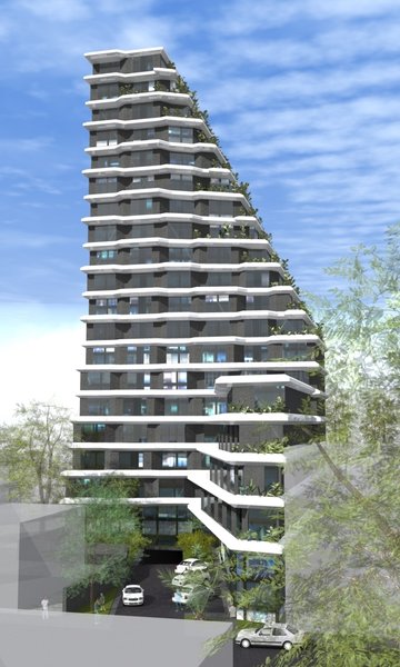 Sense of smooth gradation and movement comes from both, the spatial positioning of the buildings and the design of each. For them to be perceived as a consolidated structure, the taller building cedes the foreground to the five storied hotel/office building, with oblique road beside it that leads to the underground garage. \
As the apartment building gains height, it twists at different angles in the same direction. This arrangement required individual designing of every apartment and ones, that face the sea, have terraces.
Photo of Hive modern home
