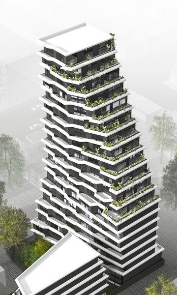 Sense of smooth gradation and movement comes from both, the spatial positioning of the buildings and the design of each. For them to be perceived as a consolidated structure, the taller building cedes the foreground to the five storied hotel/office building, with oblique road beside it that leads to the underground garage. \
As the apartment building gains height, it twists at different angles in the same direction. This arrangement required individual designing of every apartment and ones, that face the sea, have terraces.
Photo 3 of Hive modern home