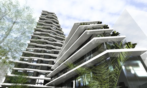 Sense of smooth gradation and movement comes from both, the spatial positioning of the buildings and the design of each. For them to be perceived as a consolidated structure, the taller building cedes the foreground to the five storied hotel/office building, with oblique road beside it that leads to the underground garage. \
As the apartment building gains height, it twists at different angles in the same direction. This arrangement required individual designing of every apartment and ones, that face the sea, have terraces.
Photo 6 of Hive modern home