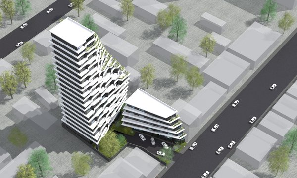 Sense of smooth gradation and movement comes from both, the spatial positioning of the buildings and the design of each. For them to be perceived as a consolidated structure, the taller building cedes the foreground to the five storied hotel/office building, with oblique road beside it that leads to the underground garage. \
As the apartment building gains height, it twists at different angles in the same direction. This arrangement required individual designing of every apartment and ones, that face the sea, have terraces.
Photo 4 of Hive modern home