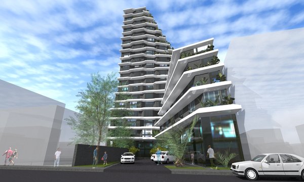 Sense of smooth gradation and movement comes from both, the spatial positioning of the buildings and the design of each. For them to be perceived as a consolidated structure, the taller building cedes the foreground to the five storied hotel/office building, with oblique road beside it that leads to the underground garage. \
As the apartment building gains height, it twists at different angles in the same direction. This arrangement required individual designing of every apartment and ones, that face the sea, have terraces.
Photo 7 of Hive modern home