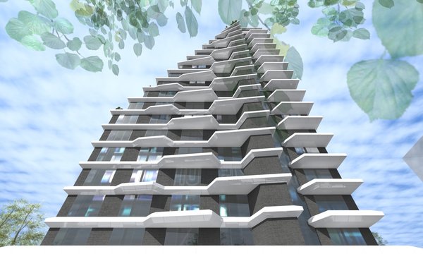Sense of smooth gradation and movement comes from both, the spatial positioning of the buildings and the design of each. For them to be perceived as a consolidated structure, the taller building cedes the foreground to the five storied hotel/office building, with oblique road beside it that leads to the underground garage. \
As the apartment building gains height, it twists at different angles in the same direction. This arrangement required individual designing of every apartment and ones, that face the sea, have terraces.
Photo 8 of Hive modern home