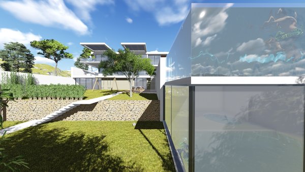 The hillside house for a large family is gracefully flattened out on the landscape. The facade is simultaneously minimalistic and massive, marking the building's modest and strong presence in nature. The multilayered open space in the backside of the house brings an inevitable sense of unexpectedness. The terraces in the garden with lounge areas and The playground carry a cosy vibe.
The pool breaks up the front area into the basketball court and the space for relaxation.
To enhance the idea of the residents being guests to the nature and are also part of it, the entire house is blessed with a mountain view.
Photo 7 of Shifter modern home