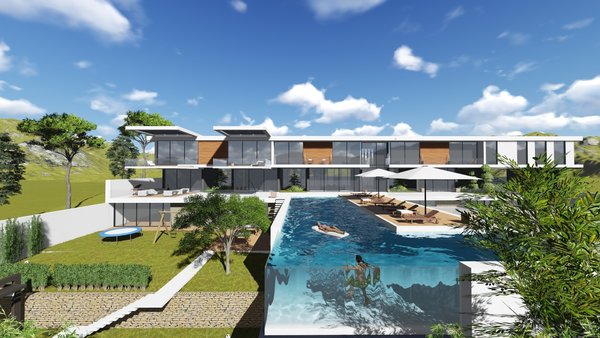 The hillside house for a large family is gracefully flattened out on the landscape. The facade is simultaneously minimalistic and massive, marking the building's modest and strong presence in nature. The multilayered open space in the backside of the house brings an inevitable sense of unexpectedness. The terraces in the garden with lounge areas and The playground carry a cosy vibe.
The pool breaks up the front area into the basketball court and the space for relaxation.
To enhance the idea of the residents being guests to the nature and are also part of it, the entire house is blessed with a mountain view.
Photo 6 of Shifter modern home