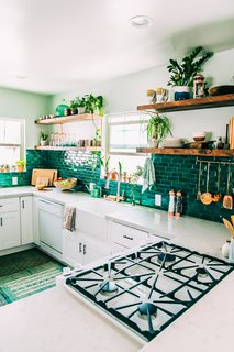 How the Colors in Your Kitchen Affect Your Appetite - Photo 10 of 11 - These green tiles are a perfect backdrop for the wealth of potted plants lining the shelves and window sills in this L.A. artist's kitchen. 