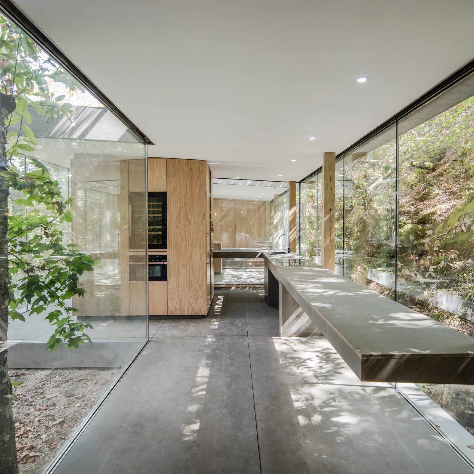 A custom kitchen with a cantilevered countertop mimics the way the house is perched on a hillside, seeming to defy gravity.