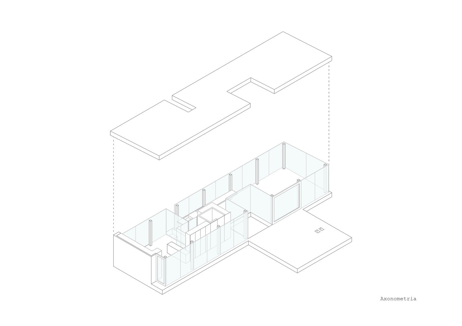 A axonometric of the project shoes its long, rectangular form with cut-outs to preserve existing trees.