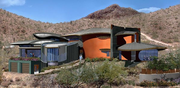 Rendering for desert home, below grade 4 car garage, enter from lower steps up past the dining room to arrive at the Main Entry, with a water feature and planter, custom made stainless steel pivot door set deep in the shadows. Above this is the Master Bedroom and to the right is the cantilevered meditation room hanging out over the desert wash. Photo 9 of Scottsdale Desert Home modern home