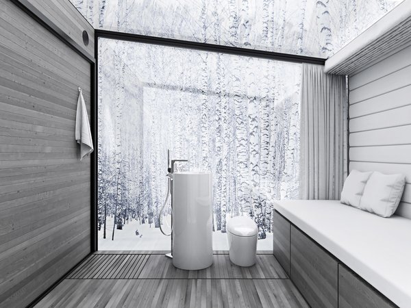 DISAPPEAR RETREAT dissolves the ecological footprint and provides seamless living with nature. Imagine it is -25˚F on a typical winter morning in northern Minnesota, yet no heating is required. Reducing the heating load by 95% using passive methods is a critical strategy to achieve zero-energy. A minimalist palette and layout keeps the focus on the beautiful surroundings, offering a meditative experience. This model has a built-in bed/sofa with storage, toilet, sink, shower, and refrigerator drawer. Photo of Disappear Retreat modern home