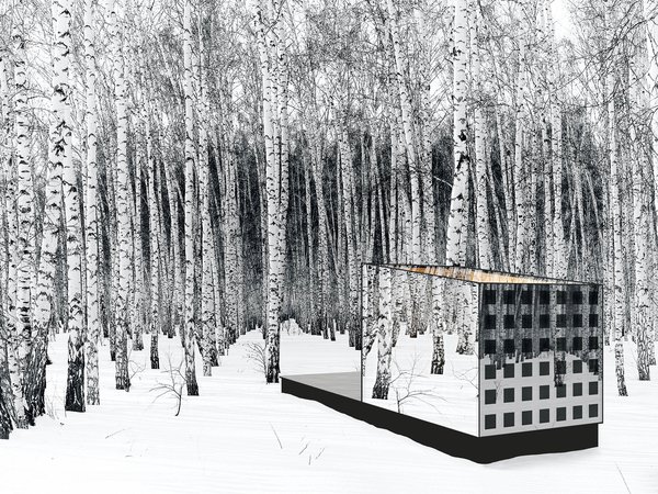 DISAPPEAR RETREAT integrates the components for triple-zero performance into an almost invisible, ethereal state. The design is light, transparent, and connected to the surroundings, dissolving into the landscape where the building form is compact and the glass takes on the identity of the site in its mirrored reflections (transparent ultraviolet color prevents animal collision). A spotted pattern of thin-film PV in the south glass wall generates all the energy needs from the sun and camouflages the building amongst the trees like a quiet forest animal. Weathered wood softens the design and blends with the landscape. As evening approaches the clear glass roof emits a warm, welcoming glow. Photo 2 of Disappear Retreat modern home
