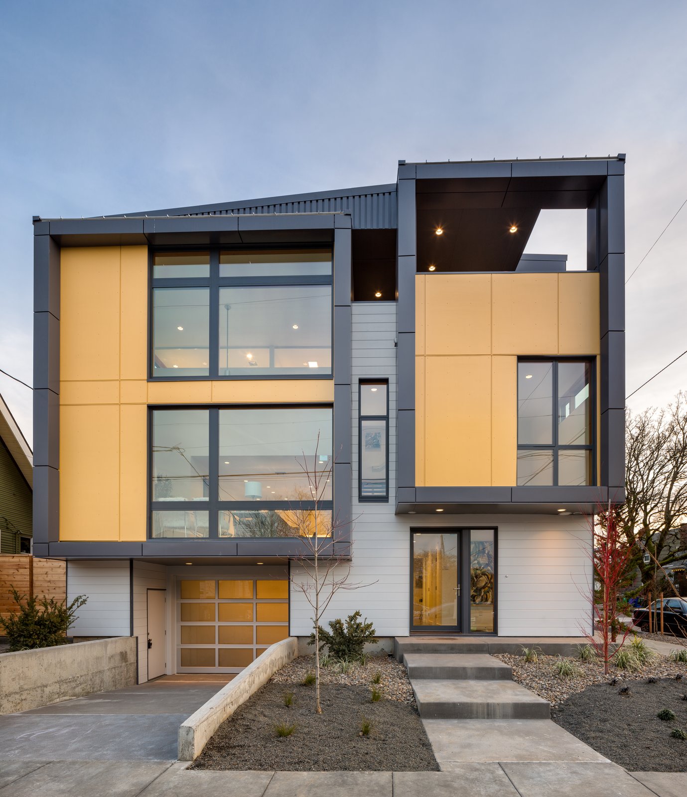 Exterior elevation showing split levels