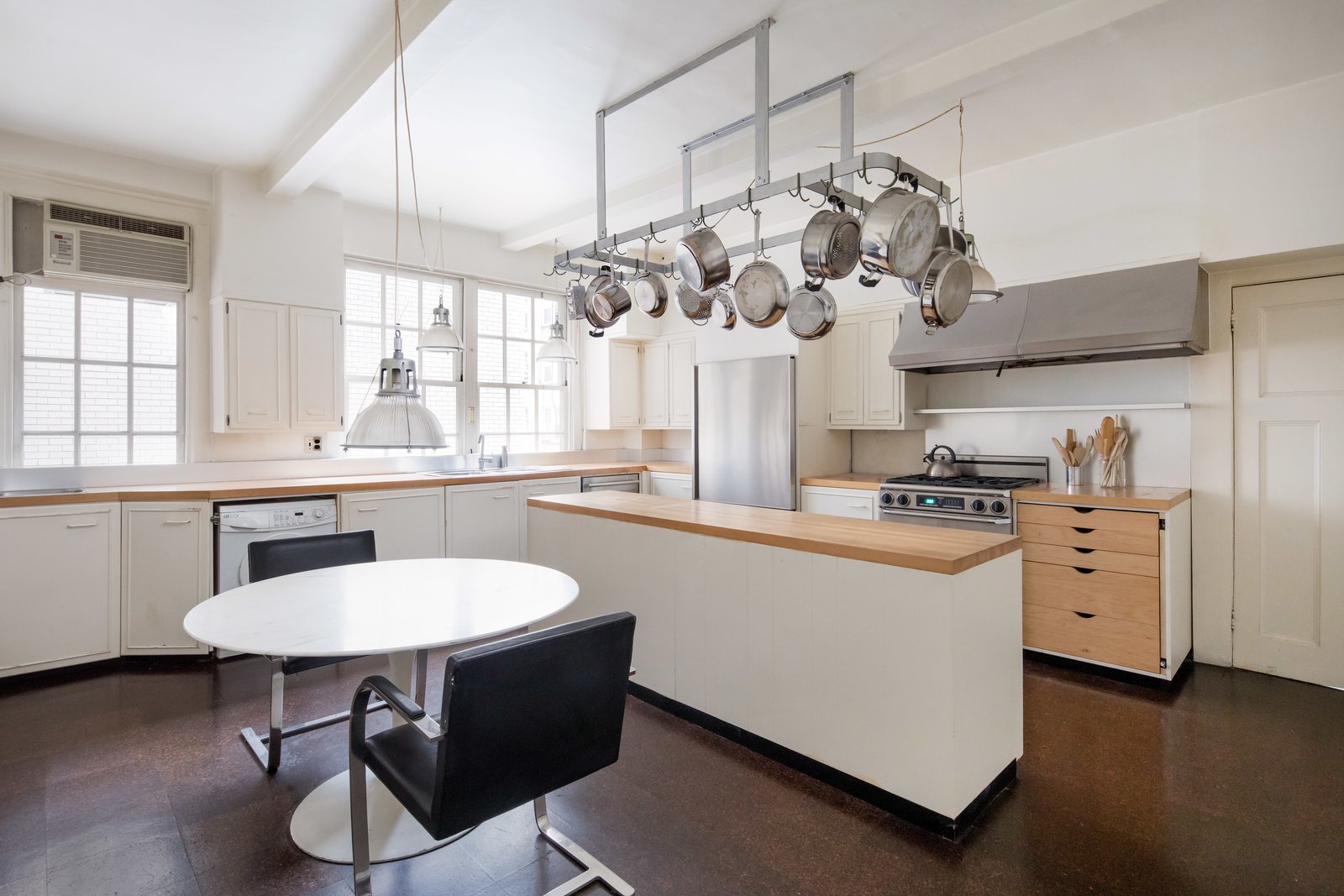 The eat-in kitchen with butcher block counters.