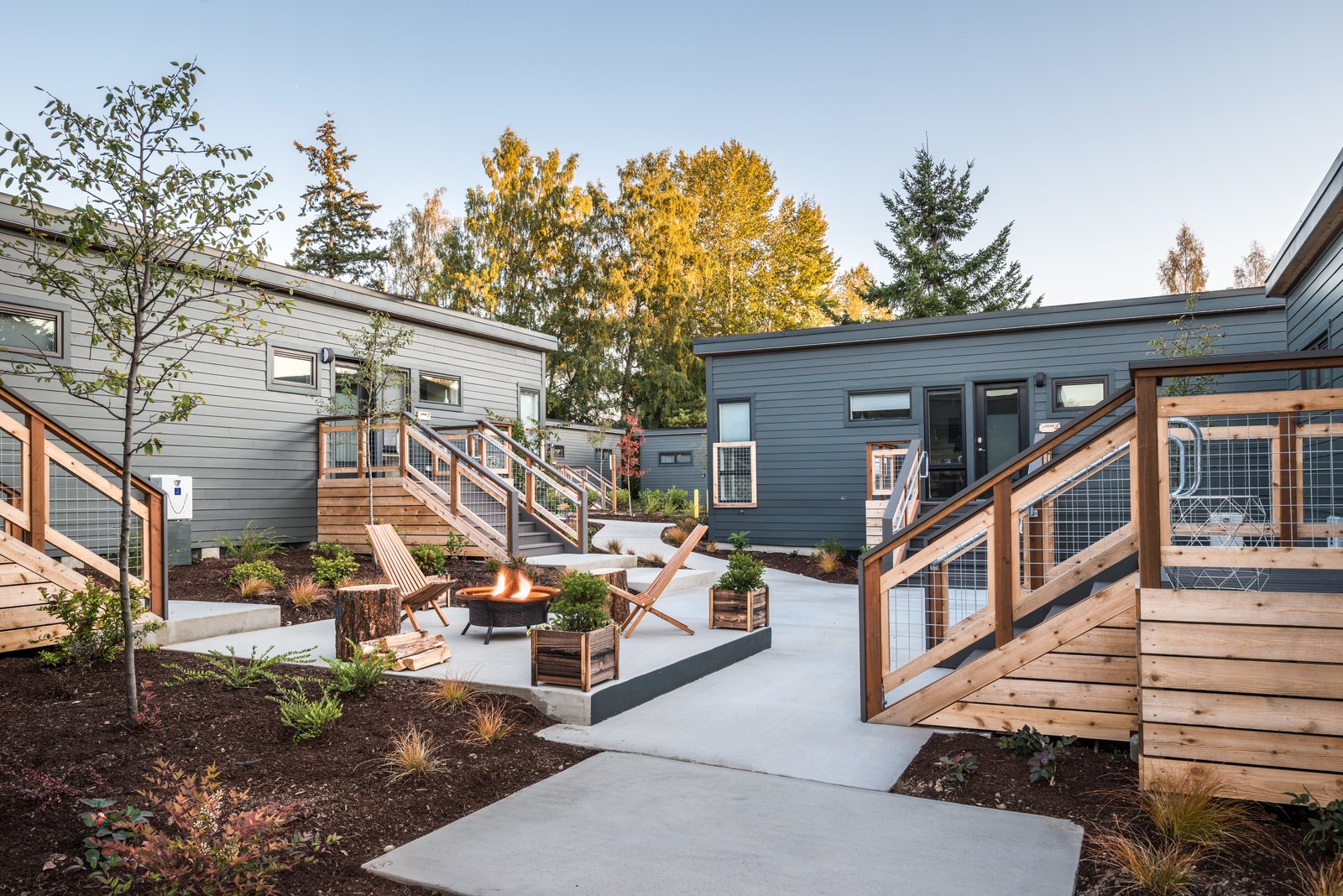 A shared courtyard with a firepit.