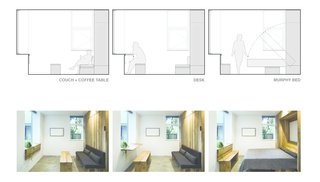 A Modern Micro-House in Portland Clad in Local Fir - Photo 6 of 8 - Custom furniture solutions maximize the functionality of the small space. A built-in Murphy bed and storage unit anchors the living space. A coffee table doubles as a bench for a fold-out window desk. 