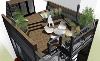 A Steel-and-Glass Addition With a Giant Hangar Door Maximizes Indoor/Outdoor Living - Photo 3 of 9 - A rendering of the urban rooftop retreat displays the integral hot tub, built-in planters, greenery, and wood screen elements. 