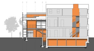 A Steel-and-Glass Addition With a Giant Hangar Door Maximizes Indoor/Outdoor Living - Photo 4 of 9 - A diagrammatic building section displays, in orange, the spaces that have been modified, including the two-story modern addition, the crawlspace of the existing home, and a light-filled atrium that spills daylight into the historic home. 