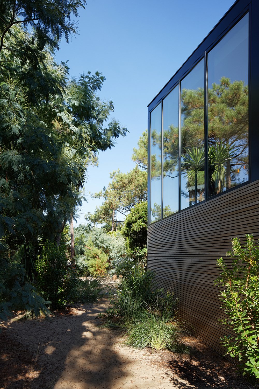 Minimal materials allow the dwelling to blend kindly into the surroundings, while large amounts of glazing increase the connection between built form and nature.