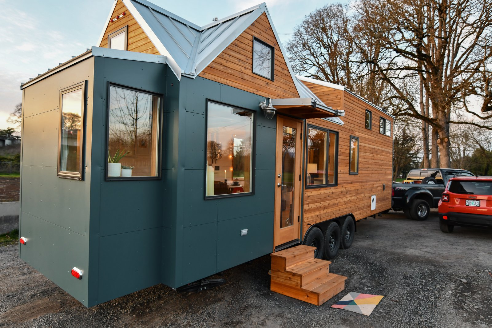 Not So tiny Tiny, for a Doctor in California Paneling and Tight Knot Cedar siding. Galvalume Roofing and removable awning.